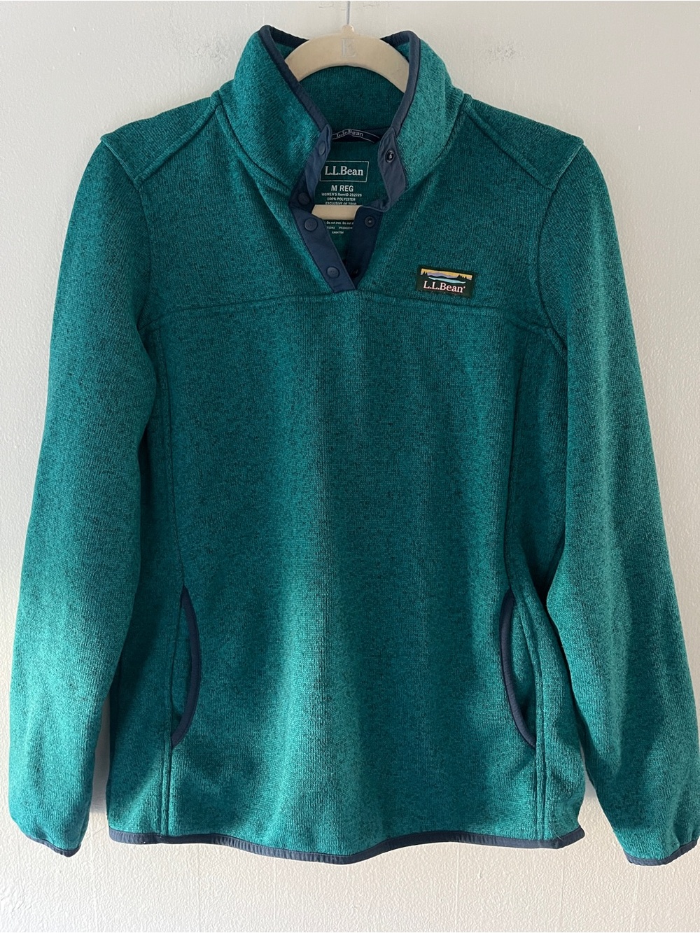 L.L. Bean Teal Snap-Quarter Fleece Pullover with Navy Trim